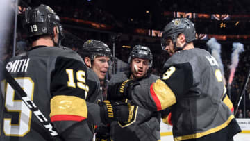 Reilly Smith #19, Paul Stastny #26, Nate Schmidt #88 and Brayden McNabb #3 of the Vegas Golden Knights celebrate. (Photo by Ethan Miller/Getty Images)