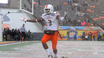 Dec 26, 2015; El Paso, TX, USA; Miami Hurricanes wide receiver Stacy Coley (3) reacts after having a touchdown reception called back on a penalty during the second half against the Washington State Cougars at Sun Bowl Stadium. The Cougars won 20-14. Mandatory Credit: Joe Camporeale-USA TODAY Sports