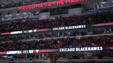 May 18, 2013; Chicago, IL, USA; A general view of the "welcome to the madhouse" sign in the first period of game two of the second round of the 2013 Stanley Cup Playoffs between the Chicago Blackhawks and the Detroit Red Wings at the United Center. Mandatory Credit: Jerry Lai-USA TODAY Sports
