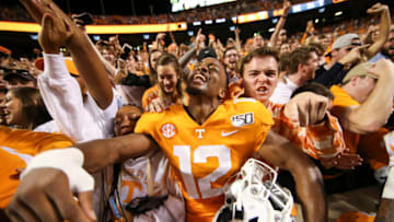 KNOXVILLE, TENNESSEE - OCTOBER 26: Shawn Shamburger #12 of the Tennessee Titans celebrates defeating the South Carolina Gamecocks after the game at Neyland Stadium on October 26, 2019 in Knoxville, Tennessee. (Photo by Silas Walker/Getty Images)