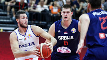 OKC Thunder - SEPTEMBER 04: #8 Danilo Gallinari of the Italy National Team in action against #15 Nikola Jokic of the Serbia National Team during the 1st round of 2019 FIBA World Cup. (Photo by Zhong Zhi/Getty Images)