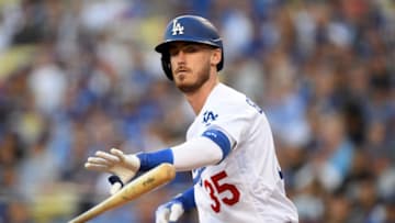 LOS ANGELES, CALIFORNIA - OCTOBER 03: Cody Bellinger #35 of the Los Angeles Dodgers reacts to a walk in the first inning of game one of the National League Division Series against the Washington Nationals at Dodger Stadium on October 03, 2019 in Los Angeles, California. (Photo by Harry How/Getty Images)