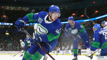 VANCOUVER, BC - DECEMBER 28: Quinn Hughes #43 of the Vancouver Canucks skates up ice during their NHL game against the Los Angeles Kings at Rogers Arena December 28, 2019 in Vancouver, British Columbia, Canada. (Photo by Jeff Vinnick/NHLI via Getty Images)"n