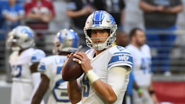 GLENDALE, ARIZONA - DECEMBER 09: Matthew Stafford #9 of the Detroit Lions looks to throw the ball against the Arizona Cardinals at State Farm Stadium on December 09, 2018 in Glendale, Arizona. (Photo by Norm Hall/Getty Images)