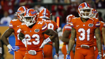 Dec 3, 2016; Atlanta, GA, USA; Florida Gators defensive back Chauncey Gardner (23) reacts with his teammates during the third quarter of the SEC Championship college football game against the Alabama Crimson Tide at Georgia Dome. Mandatory Credit: Jason Getz-USA TODAY Sports