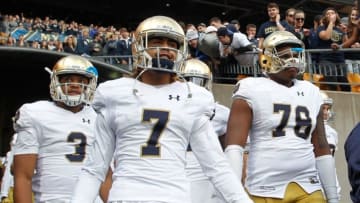 Nov 7, 2015; Pittsburgh, PA, USA; Notre Dame Fighting Irish wide receiver Amir Carlisle (3) and wide receiver Will Fuller (7) and offensive lineman Ronnie Stanley (78) take the field against the Pittsburgh Panthers at Heinz Field. Notre Dame won 42-30. Mandatory Credit: Charles LeClaire-USA TODAY Sports