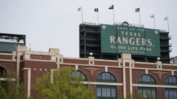 ARLINGTON, TX - MARCH 28: A general view of the exterior of Globe Life Park before the game between the Chicago Cubs and the Texas Rangers at Globe Life Park in Arlington on Thursday, March 28, 2019 in Arlington, Texas. (Photo by Cooper Neill/MLB via Getty Images)