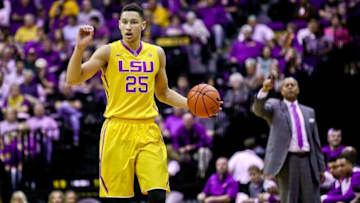 Feb 13, 2016; Baton Rouge, LA, USA; LSU Tigers forward Ben Simmons (25) brings the ball up court against the Texas A&M Aggies during the first half of a game at the Pete Maravich Assembly Center. Mandatory Credit: Derick E. Hingle-USA TODAY Sports