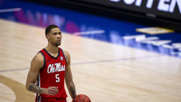 NASHVILLE, TN - MARCH 12: KJ Buffen #5 of the Mississippi Rebels readies to shoot a free throw against the LSU Tigers during the second half of their quarterfinal game in the SEC Men's Basketball Tournament at Bridgestone Arena on March 12, 2021 in Nashville, Tennessee. LSU defeats Mississippi 76-73. (Photo by Brett Carlsen/Getty Images)