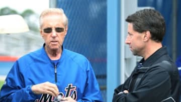 Feb 15, 2013; Port St. Lucie, FL, USA; New York Mets owners Fred Wilpon (left) and Jeff Wilpon in attendance during spring training at Legends Field. Mandatory Credit: John Munson/THE STAR-LEDGER via USA TODAY Sports
