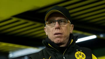 DORTMUND, GERMANY - JANUARY 14: Head coach Peter Stoeger of Dortmund looks on prior the Bundesliga match between Borussia Dortmund and VfL Wolfsburg at Signal Iduna Park on January 14, 2018 in Dortmund, Germany. (Photo by TF-Images/TF-Images via Getty Images)