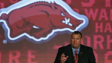 Jul 13, 2016; Hoover, AL, USA; Arkansas head coach Bret Bielema speaks to the media during SEC media day at Hyatt Regency Birmingham-The Wynfrey Hotel. Mandatory Credit: Butch Dill-USA TODAY Sports