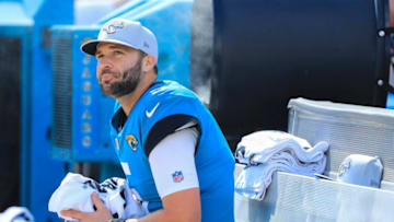 JACKSONVILLE, FL - OCTOBER 21: Blake Bortles #5 of the Jacksonville Jaguars is seen on the bench during the first half against the Houston Texans at TIAA Bank Field on October 21, 2018 in Jacksonville, Florida. (Photo by Sam Greenwood/Getty Images)
