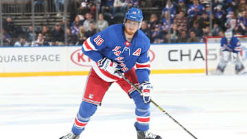 NEW YORK, NY - OCTOBER 13: Marc Staal #18 of the New York Rangers skates with the puck against the Edmonton Oilers at Madison Square Garden on October 13, 2018 in New York City. The Edmonton Oilers won 2-1. (Photo by Jared Silber/NHLI via Getty Images)