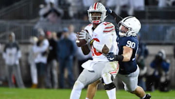 Oct 22, 2016; University Park, PA, USA; Penn State Nittany Lions defensive end Garrett Sickels (90) sacks Ohio State Buckeyes quarterback J.T. Barrett (16) during the third quarter at Beaver Stadium. Mandatory Credit: Rich Barnes-USA TODAY Sports
