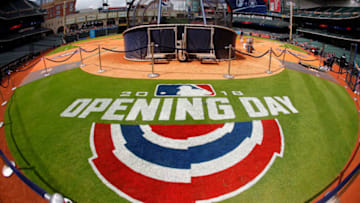 HOUSTON, TX - APRIL 02: A general view of the Opening Day logo at Minute Maid Park on April 2, 2018 in Houston, Texas. (Photo by Bob Levey/Getty Images)