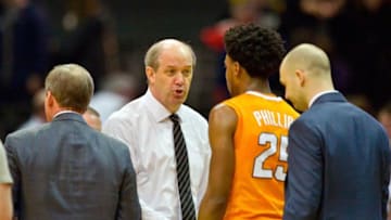 Mar 1, 2016; Nashville, TN, USA; Vanderbilt Commodores head coach Kevin Stallings greets Tennessee Volunteers guard Shembari Phillips (25) following the game at Memorial Gym. Vanderbilt won 86-69. Mandatory Credit: Jim Brown-USA TODAY Sports