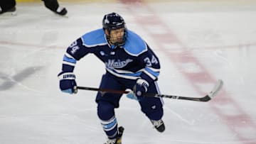 LOWELL, MA - JANUARY 3: Eduards Tralmaks #34 of the Maine Black Bears skates against the Massachusetts Lowell River Hawks during NCAA men's hockey at the Tsongas Center on January 3, 2021 in Lowell, Massachusetts. The River Hawks won 5-3. (Photo by Richard T Gagnon/Getty Images)