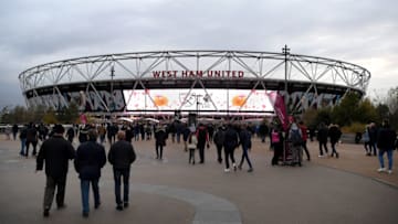 LONDON, ENGLAND - NOVEMBER 04: A general view from outside the stadium as poppies are shown on screen prior to the Premier League match between West Ham United and Liverpool at London Stadium on November 4, 2017 in London, England. (Photo by Shaun Botterill/Getty Images)