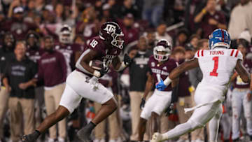 Oct 29, 2022; College Station, Texas, USA; Texas A&M Aggies tight end Donovan Green (18) runs the ball after a catch against the Mississippi Rebels in the first half at Kyle Field. Mandatory Credit: Daniel Dunn-USA TODAY Sports