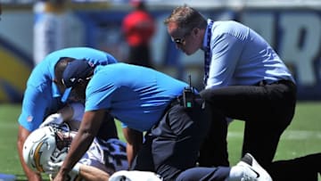 Sep 18, 2016; San Diego, CA, USA; San Diego Chargers running back Danny Woodhead (39) lays on the ground with an injury during the first quarter of the game against the Jacksonville Jaguars at Qualcomm Stadium. Mandatory Credit: Orlando Ramirez-USA TODAY Sports