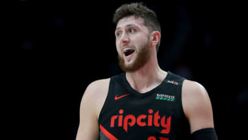 PORTLAND, OR - JANUARY 18: Jusuf Nurkic #27 of the Portland Trail Blazers reacts in the first quarter against the New Orleans Pelicans during their game at Moda Center on January 18, 2019 in Portland, Oregon. NOTE TO USER: User expressly acknowledges and agrees that, by downloading and or using this photograph, User is consenting to the terms and conditions of the Getty Images License Agreement. (Photo by Abbie Parr/Getty Images)