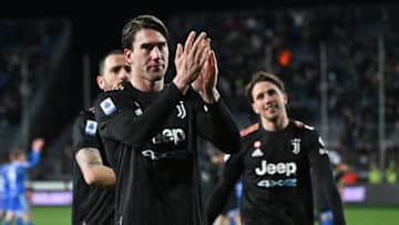 CARLO CASTELLANI STADIUM, EMPOLI, ITALY - 2022/02/26: Dusan Vlahovic of Juventus FC celebrates at the end of the Serie A football match between Empoli FC and Juventus FC. Juventus won 3-2 over Empoli. (Photo by Andrea Staccioli/Insidefoto/LightRocket via Getty Images)