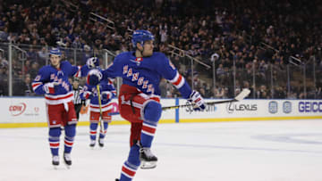 NEW YORK, NEW YORK - MARCH 03: Pavel Buchnevich #89 of the New York Rangers celebrates his goal at 14:20 of the second period against the Washington Capitals at Madison Square Garden on March 03, 2019 in New York City. (Photo by Bruce Bennett/Getty Images)