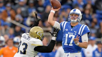 DURHAM, NC - NOVEMBER 18: Antonio Simmons #93 of the Georgia Tech Yellow Jackets pressures Daniel Jones #17 of the Duke Blue Devils during their game at Wallace Wade Stadium on November 18, 2017 in Durham, North Carolina. (Photo by Grant Halverson/Getty Images)