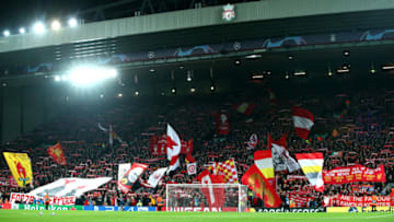 LIVERPOOL, ENGLAND - DECEMBER 11: Liverpool fans shwo their support prior to the UEFA Champions League Group C match between Liverpool and SSC Napoli at Anfield on December 11, 2018 in Liverpool, United Kingdom. (Photo by Clive Brunskill/Getty Images)