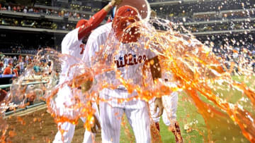 Teammates Dump Powerade on Eflin After His First MLB Victory. Photo by Eric Hartline - USA TODAY Sports.