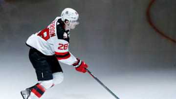 Feb 18, 2023; Pittsburgh, Pennsylvania, USA; New Jersey Devils defenseman Damon Severson (28) takes the ice to warm up before the game against the Pittsburgh Penguins at PPG Paints Arena. Mandatory Credit: Charles LeClaire-USA TODAY Sports