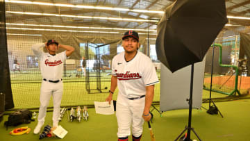Feb 23, 2023; Goodyear, AZ, USA; Cleveland Guardians catcher Bo Naylor (23) and first baseman Josh Naylor (22) are photographed during photo day in Goodyear, AZ. Mandatory Credit: Jayne Kamin-Oncea-USA TODAY Sports
