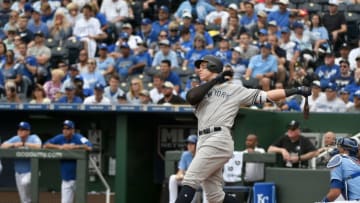 KANSAS CITY, MO - MAY 20: Aaron Judge #99 of the New York Yankees hits against the Kansas City Royals at Kauffman Stadium on May 20, 2018 in Kansas City, Missouri. (Photo by Ed Zurga/Getty Images)