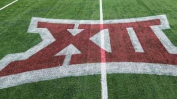 Oct 3, 2015; Arlington, TX, USA; A view of the Big 12 logo on the field after the game between the Baylor Bears and the Texas Tech Red Raiders at AT&T Stadium. The Bears defeat the Red Raiders 63-35. Mandatory Credit: Jerome Miron-USA TODAY Sports