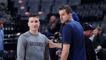 SACRAMENTO, CA - FEBRUARY 26: Bogdan Bogdanovic #8 of the Sacramento Kings talks with Nemanja Bjelica #8 of the Minnesota Timberwolves prior to the game on February 26, 2018 at Golden 1 Center in Sacramento, California. NOTE TO USER: User expressly acknowledges and agrees that, by downloading and or using this photograph, User is consenting to the terms and conditions of the Getty Images Agreement. Mandatory Copyright Notice: Copyright 2018 NBAE (Photo by Rocky Widner/NBAE via Getty Images)