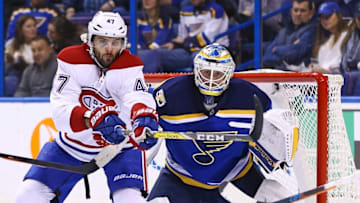 Dec 6, 2016; St. Louis, MO, USA; Montreal Canadiens right wing Alexander Radulov (47) deflects a shot in front of St. Louis Blues goalie Jake Allen (34) during the first period at Scottrade Center. Mandatory Credit: Billy Hurst-USA TODAY Sports