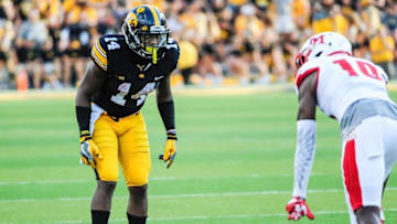 Sep 3, 2016; Iowa City, IA, USA; Iowa Hawkeyes defensive back Desmond King (14) prepares to defend Miami (Oh) Redhawks wide receiver Sam Shisso (10) during the fourth quarter at Kinnick Stadium. The Hawkeyes won 45-21. Mandatory Credit: Jeffrey Becker-USA TODAY Sports