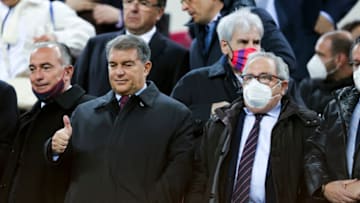 Joan Laporta and Luis Sabalza during the La Liga match between FC Barcelona v Osasuna at the Camp Nou on March 13, 2022 in Barcelona Spain (Photo by David S. Bustamante/Soccrates/Getty Images)