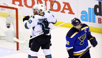 May 23, 2016; St. Louis, MO, USA; San Jose Sharks center Chris Tierney (50) celebrates with Joe Pavelski (8) after scoring an empty net goal against the St. Louis Blues during the third period in game five of the Western Conference Final of the 2016 Stanley Cup Playoffs at Scottrade Center. The Sharks won the game 6-3. Mandatory Credit: Billy Hurst-USA TODAY Sports