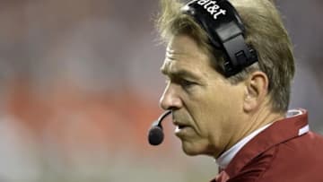 Nov 30, 2013; Auburn, AL, USA; Alabama Crimson Tide head coach Nick Saban reacts during the fourth quarter against the Auburn Tigers at Jordan Hare Stadium. Auburn Tigers won 34-28. Mandatory Credit: John David Mercer-USA TODAY Sports