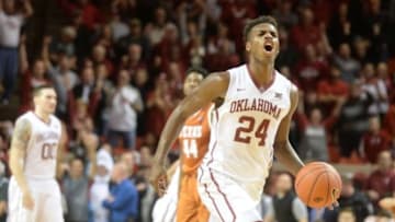 Feb 8, 2016; Norman, OK, USA; Oklahoma Sooners guard Buddy Hield (24) reacts after intercepting an inbounds pass to seal the victory against the Texas Longhorns. The Sooners defeated the Longhorns 63-60 at Lloyd Noble Center. Mandatory Credit: Mark D. Smith-USA TODAY Sports