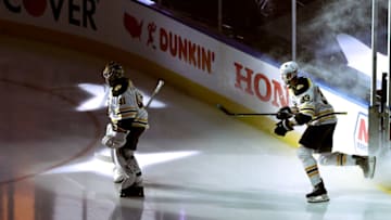 TORONTO, ONTARIO - AUGUST 31: Jaroslav Halak #41 and Zdeno Chara #33 of the Boston Bruins take the ice prior to Game Five of the Eastern Conference Second Round against the Tampa Bay Lightning during the 2020 NHL Stanley Cup Playoffs at Scotiabank Arena on August 31, 2020 in Toronto, Ontario. (Photo by Elsa/Getty Images)