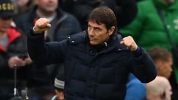 Tottenham Hotspur's Italian head coach Antonio Conte celebrates on the final whistle in the English Premier League football match between Tottenham Hotspur and Newcastle United at Tottenham Hotspur Stadium in London, on April 3, 2022. - Spurs won the game 5-1. - RESTRICTED TO EDITORIAL USE. No use with unauthorized audio, video, data, fixture lists, club/league logos or 'live' services. Online in-match use limited to 120 images. An additional 40 images may be used in extra time. No video emulation. Social media in-match use limited to 120 images. An additional 40 images may be used in extra time. No use in betting publications, games or single club/league/player publications. (Photo by Glyn KIRK / AFP) / RESTRICTED TO EDITORIAL USE. No use with unauthorized audio, video, data, fixture lists, club/league logos or 'live' services. Online in-match use limited to 120 images. An additional 40 images may be used in extra time. No video emulation. Social media in-match use limited to 120 images. An additional 40 images may be used in extra time. No use in betting publications, games or single club/league/player publications. / RESTRICTED TO EDITORIAL USE. No use with unauthorized audio, video, data, fixture lists, club/league logos or 'live' services. Online in-match use limited to 120 images. An additional 40 images may be used in extra time. No video emulation. Social media in-match use limited to 120 images. An additional 40 images may be used in extra time. No use in betting publications, games or single club/league/player publications. (Photo by GLYN KIRK/AFP via Getty Images)