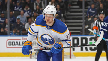 TORONTO, ON - APRIL 12: Casey Mittelstadt #37 of the Buffalo Sabres skates against the Toronto Maple Leafs during an NHL game at Scotiabank Arena on April 12, 2022 in Toronto, Ontario, Canada. The Sabres defeated the Maple Leafs 5-2. (Photo by Claus Andersen/Getty Images)