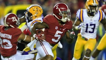 Nov 7, 2015; Tuscaloosa, AL, USA; Alabama Crimson Tide running back Ronnie Clark (5) runs the ball past LSU Tigers defense during the first quarter at Bryant-Denny Stadium. Mandatory Credit: Marvin Gentry-USA TODAY Sports