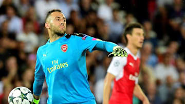Arsenal's Colombian goalkeeper David Ospina passes the ball during the UEFA Champions League Group A football match Paris-Saint-Germain vs Arsenal FC, on September 13, 2016 at the Parc des Princes stadium in Paris. / AFP / FRANCK FIFE (Photo credit should read FRANCK FIFE/AFP/Getty Images)