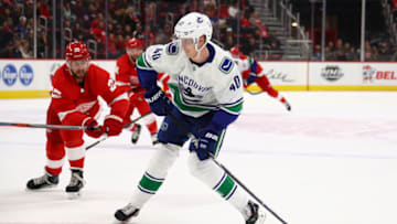 DETROIT, MICHIGAN - NOVEMBER 06: Elias Pettersson #40 of the Vancouver Canucks takes a shot while playing the Detroit Red Wings at Little Caesars Arena on November 06, 2018 in Detroit, Michigan. Detroit won the game 3-2. (Photo by Gregory Shamus/Getty Images)