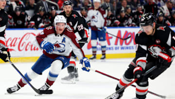 Oct 29, 2023; Buffalo, New York, USA; Colorado Avalanche defenseman Cale Makar (8) looks for the puck during the third period against the Buffalo Sabres at KeyBank Center. Mandatory Credit: Timothy T. Ludwig-USA TODAY Sports