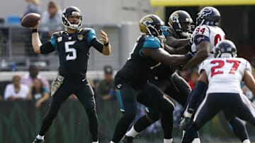 Nov 13, 2016; Jacksonville, FL, USA; Jacksonville Jaguars quarterback Blake Bortles (5) throws the ball in the second quarter against the Houston Texans at EverBank Field. Mandatory Credit: Logan Bowles-USA TODAY Sports